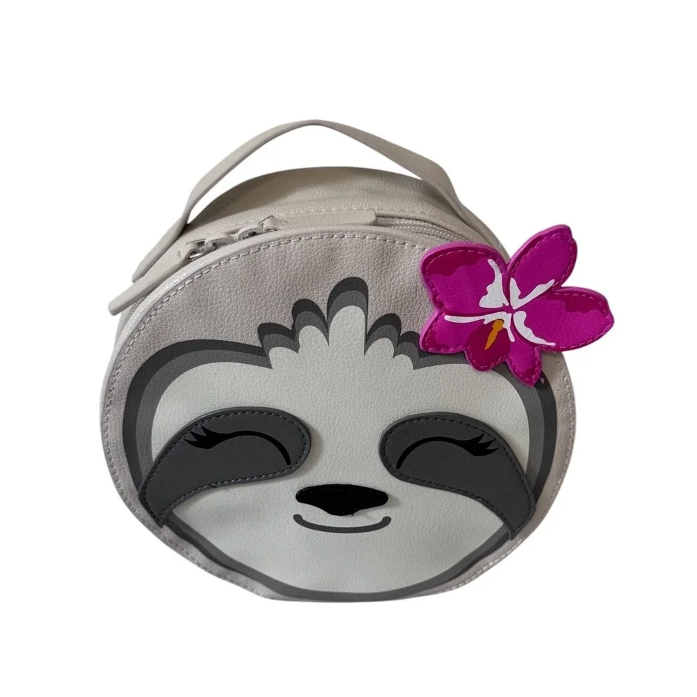 Vera Bradley Sloth Round Cosmetic Bag Vegan Leather Gray Floral Lining Orchid